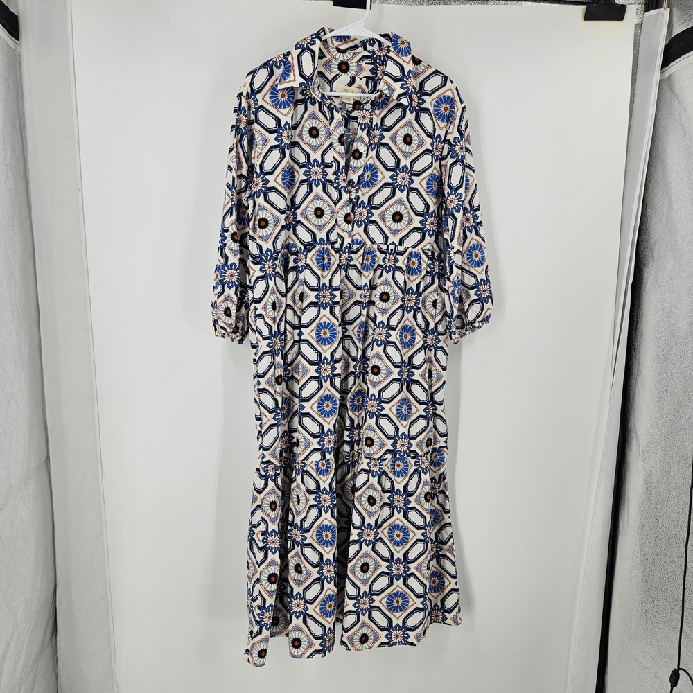 Maeve Anthropologie Bettina Tiered Shirt Dress Blue White Geometric Tile Print M - Picture 2 of 10